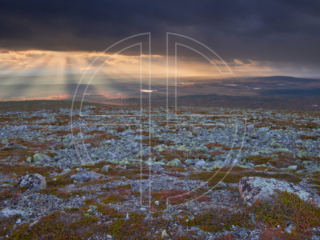 A hill scattered with stones. Dark and overcast, the sky reveals sunbeams illuminating the landscape.
