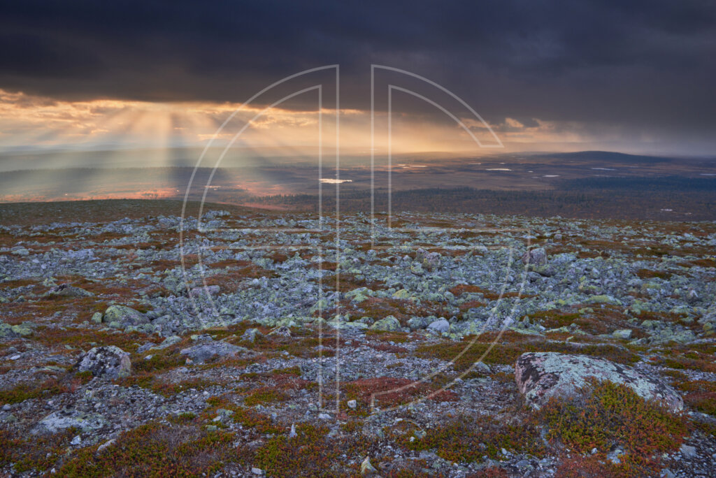 A hill scattered with stones. Dark and overcast, the sky reveals sunbeams illuminating the landscape.