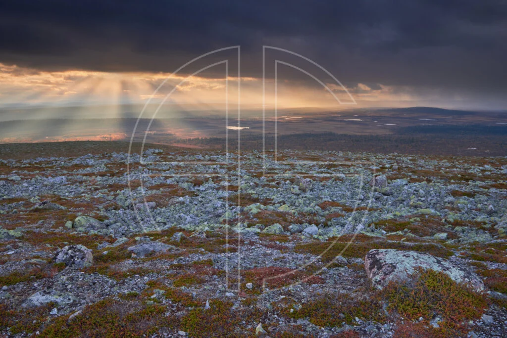 A hill scattered with stones. Dark and overcast, the sky reveals sunbeams illuminating the landscape.