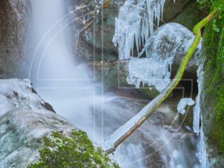 Small waterfall with icicles in winter.