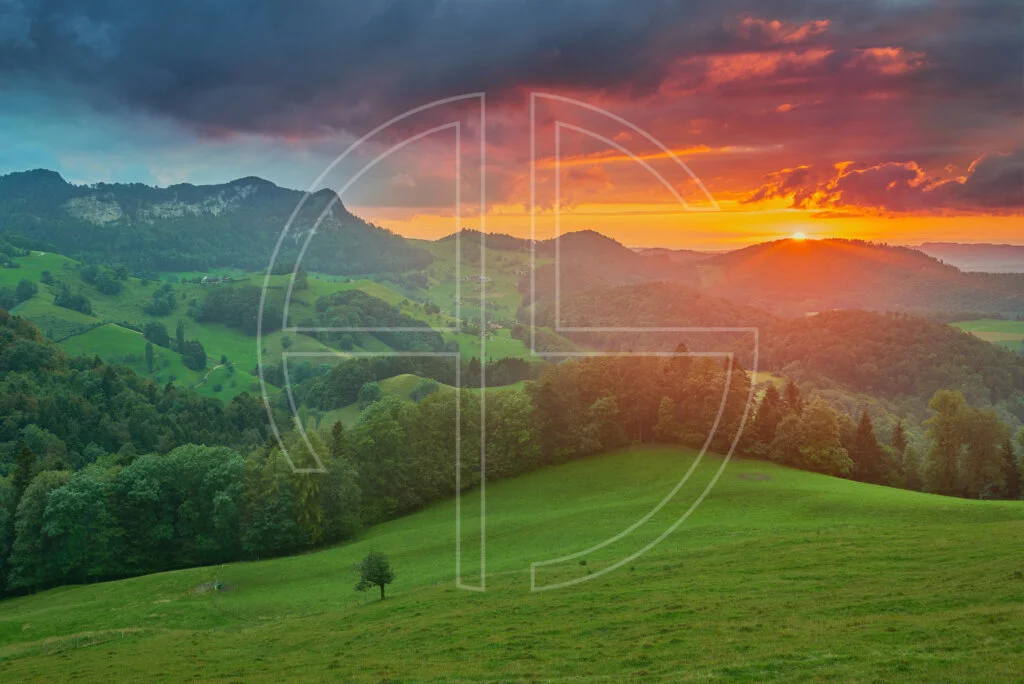 A rich, green, hilly landscape at a crimson sunset.