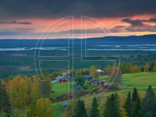 A small village at a pink dusk in autumn.