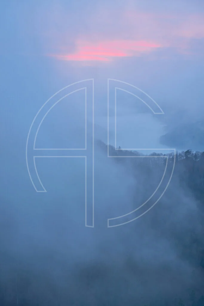 Wooded hills in thick fog at dusk.