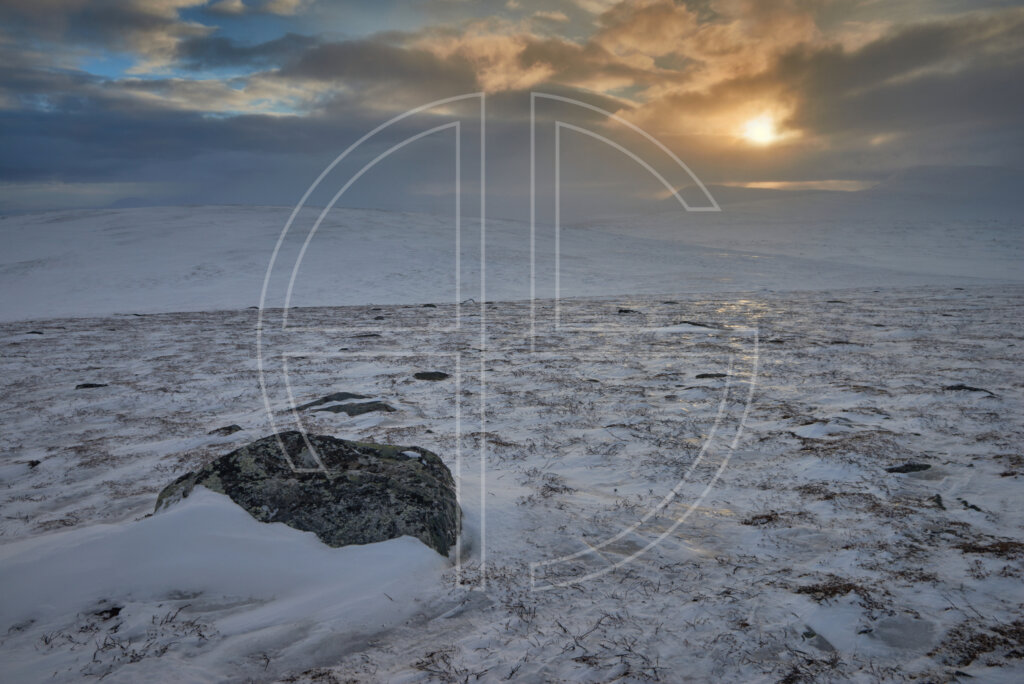 Sunset on a snow-covered hill on a grey and dark day.