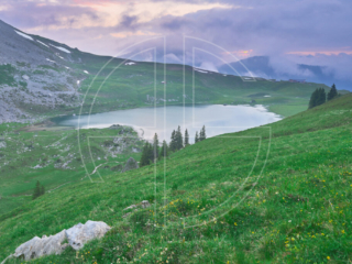 Sunset at a mountain lake.