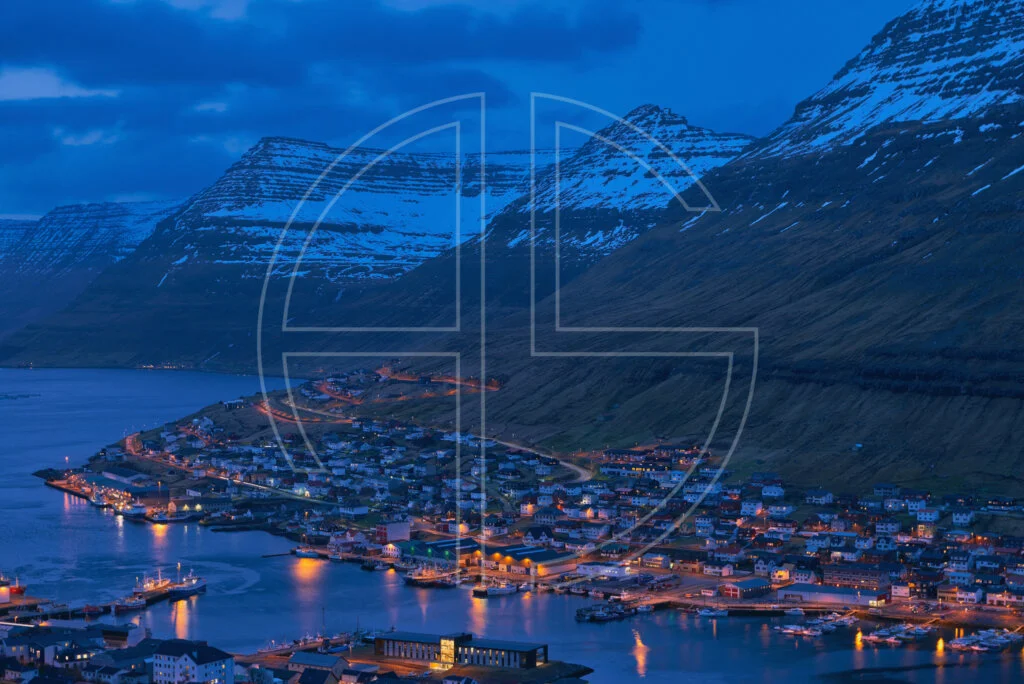 The town of Klaksv&iacute;k at the blue hour.