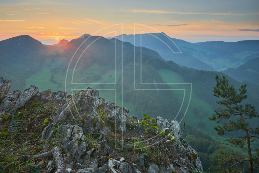 A hilly landscape from a vantage point at sunrise.