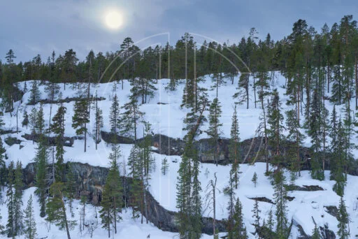 Lustrous Heart depicts a forested, rocky hill under a blanket of snow.