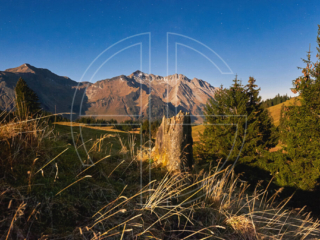 A starry night sky. In the back loom mountains.