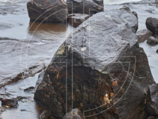 Storforsen The Great A big stone in the foreground and a wild river in the background.