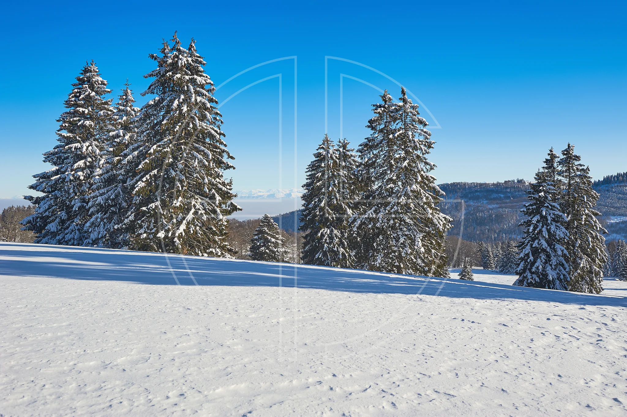 The Unforeseeable Present depicts a winter landscape under a deep blue sky.
