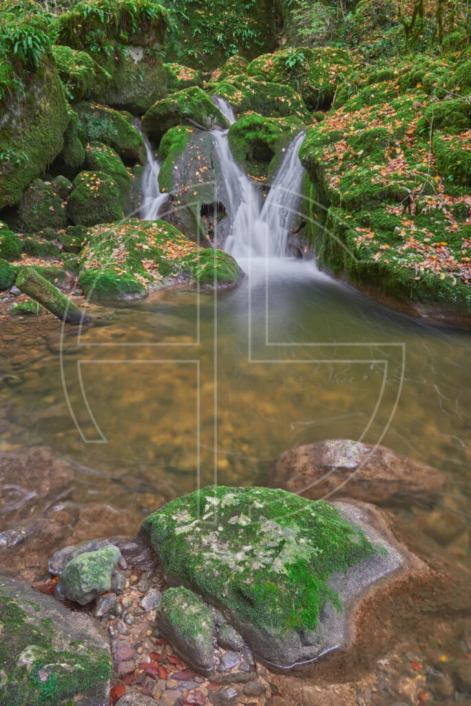Mossy stones and a small waterfall.